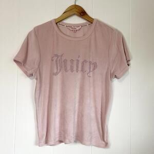 Juicy Couture Bedazzled Pink Velour Velvet Short Sleeve Shirt Women's XL